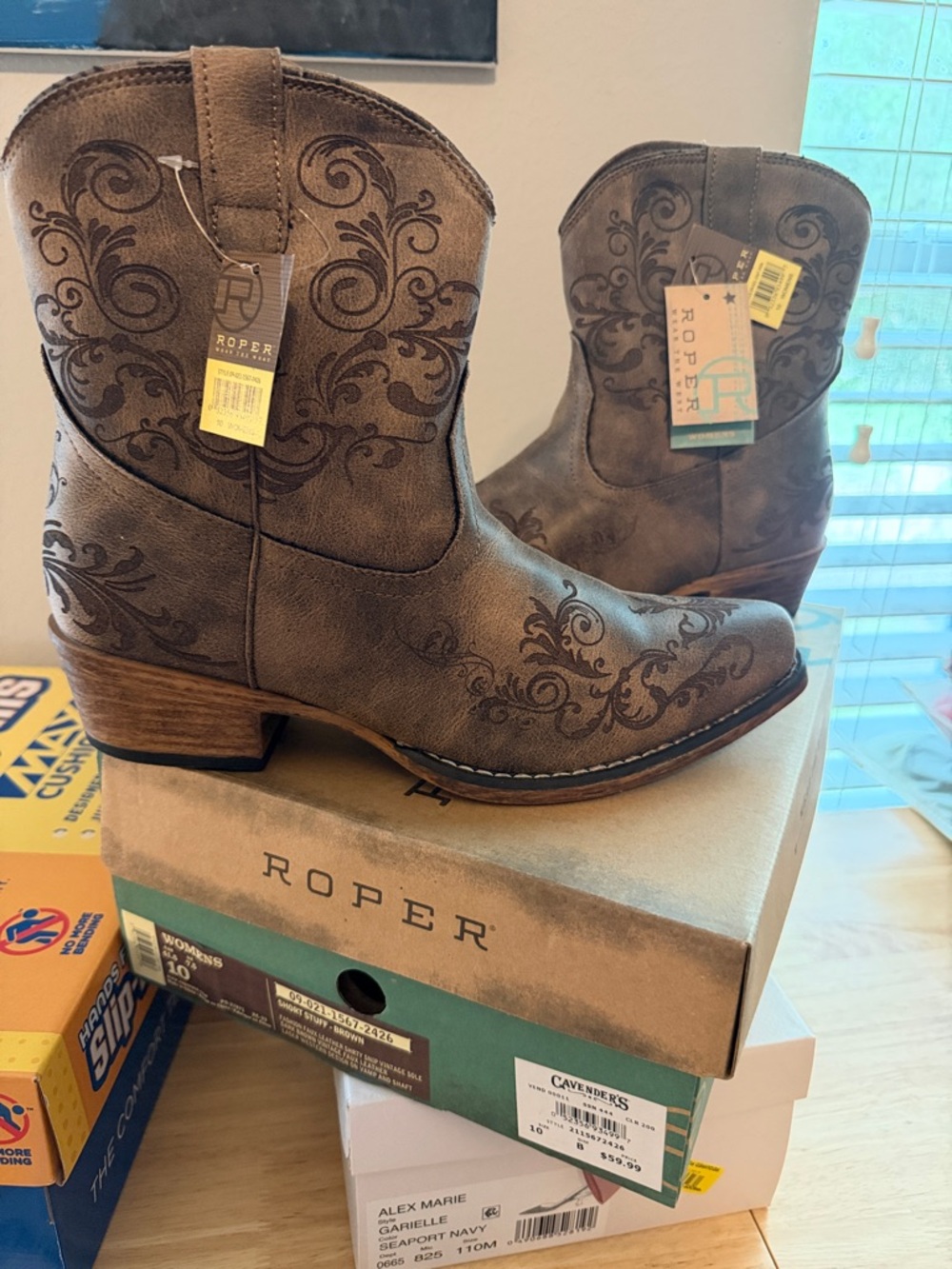 Roper Brown Western Ankle Boots with Embroidered Scroll